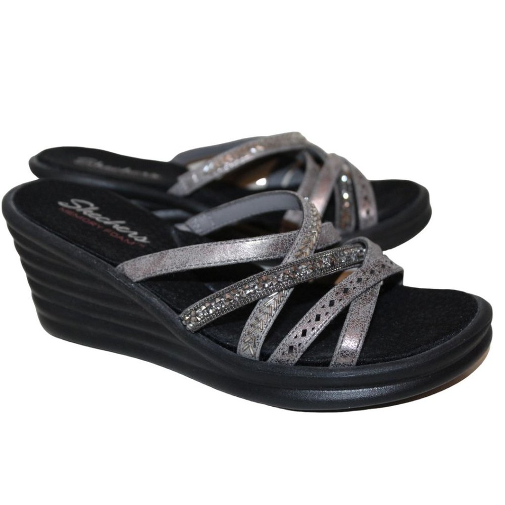 SKECHERS Womens Gray Memory Foam Beaded Wedge SLIDES / SANDALS Slip-On Sz 8